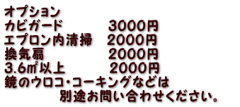 オプション カビガード　　 　３０００円　　 エプロン内清掃　２０００円　　 換気扇　　 　　 ２０００円　　 ３．６㎡以上   　　 ２０００円 鏡のウロコ・コーキングなどは 　　　　別途お問い合わせください。　 